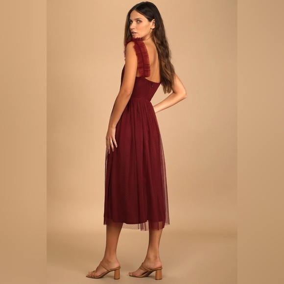 Divine Invitation Burgundy Tulle Swiss Dot Ruffled Midi Dress - Picture 3 of 5